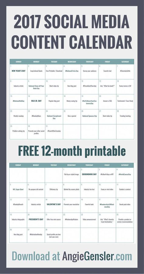 Social Media Content Calendar. 365 social media post ideas to save you hours of time in 2017. Free printable at angiegensler.com Social Media Content Calendar Template, Social Media Post Ideas, Content Calendar Template, Social Media Automation, Social Media Content Calendar, Content Calendar, Social Media Analytics, Social Media Planning, Social Media Calendar