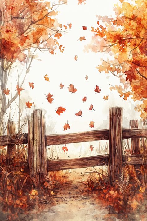 Watercolor illustration of fall drawings aesthetic featuring autumn leaves floating around a rustic fence, showcasing easy fall drawings techniques with soft earth tones and loose brushstrokes. Fall Drawing Inspo Easy, Drawing Ideas Fall Aesthetic, Whimsical Autumn Aesthetic, Autumn Nature Drawing, November Aesthetic Drawings, Fall Art Watercolor, Easy Autumn Drawings, Autumn Sketches Pencil, Autumn Drawing Aesthetic