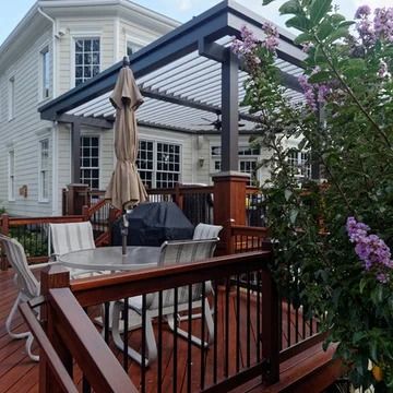 75 Deck with a Pergola Ideas You'll Love - May, 2024 | Houzz Pergola Ideas Attached To House Deck, Louvered Pergola Ideas, Deck With Pergola Attached To House, Decks With Pergola Ideas, Balcony With Pergola, Pergola Over Deck, Deck Pergola Ideas, Pergola On Deck, Pictures Of Decks