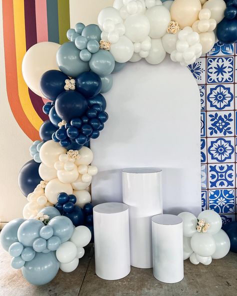 Bautizo: Talavera Edition 🔹 New Backdrop now Available! Check out this Joint Bautizo/1st Birthday setup! We love our new Talavera Backdrop & this color wave! #balloongarland #talavera #balloondecoration #bautizo #firstbirthday #eventplanner #eventstylist #balloonartist Talavera Balloon Garland, Clase Azul Party Theme, Casa Azul Tequila Theme Party, Clase Azul Birthday Theme, Talavera Backdrop, Talavera Baby Shower Ideas, Talavera Baptism, Clase Azul Party, Talavera Wedding Decor