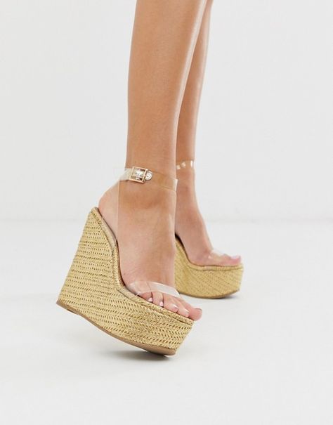 Wedge Outfit, Silver Block Heel Sandals, Tan Strappy Sandals, Ankle Tie Espadrilles, Clear Wedges, Silver Block Heels, Black Espadrilles Wedges, Womens Strappy Sandals, Clear Strap Heels