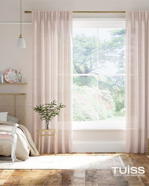 A picture of a bedroom with very neautral colours. A side table next to bed when a green plant. A white rug. A window with centre opening light pink sheers. S Fold Curtains, Pink Bedroom Curtains, Lounge Curtains, Light Filtering Curtains, Extra Wide Curtains, Curtains Sheer, Types Of Blinds, Wave Curtains, Wide Curtains