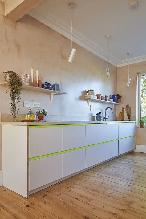 Modern Kitchen Splashbacks, Kitchen Upstairs, Small Kitchen Renovations, Venetian Plaster Walls, Small Bathroom Renovations, Kitchen Splashbacks, Edwardian House, Neon Decor, Relaxing Bedroom