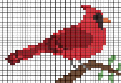 Cross Stitch Cardinal Pattern Free, Perler Bead Cardinal, Small Cardinal Cross Stitch Pattern, Cardinal Pixel Art, Cardinal Alpha Pattern, Bird Grid Pattern, Cardinal Perler Bead Patterns, Bird Knitting Chart, Bird Alpha Pattern