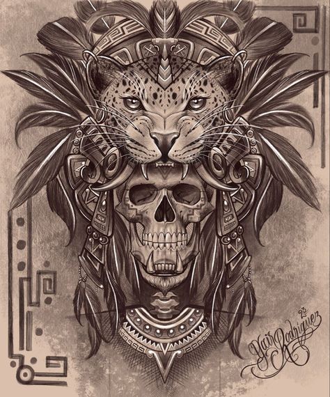 Aztec Skull Tattoo Design, Mayan Tattoos Sleeve, Men Tattoo Ideas Forearm, Mexican Warrior Tattoo, Mayan Tattoo Designs, Aztec Jaguar Tattoo, Aztec Skull Tattoo, Aztec Skull Warrior, Aztec Jaguar