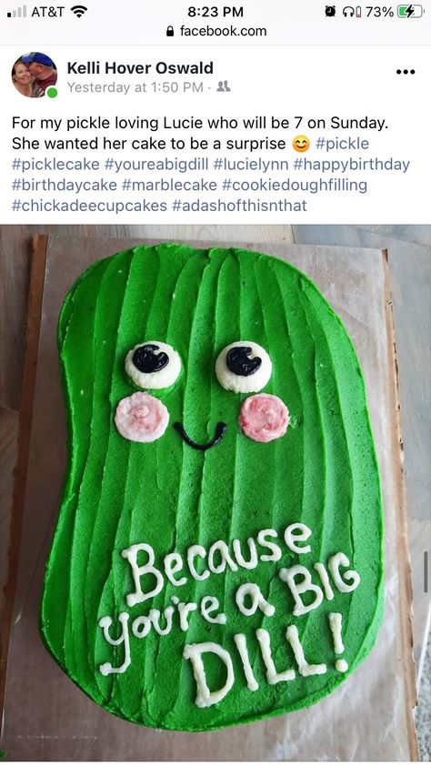 Pickle Shaped Cake, One Big Dill Birthday, Pickle Party Decorations, Pickle Themed Party Food Ideas, Pickle Cake Decoration, Pickle Cake Ideas, Dill Pickle Birthday Cake, Pickle Birthday Party Decorations, Pickle Birthday Cakes