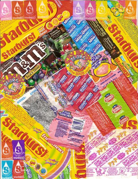 Candy Wrapper Art | Candy Wrapper Collage by Shewolf-Mystica Candy Wrapper Collage, Candy Background Aesthetic, Candy Collage, Candy Wrapper, Candy Wallpaper, Sweet Wrappers, A Level Art Sketchbook, Gcse Art Sketchbook, Candy Art