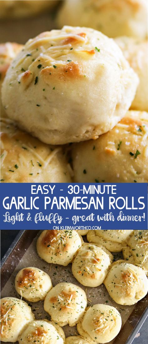 30-Minute Garlic Parmesan Dinner Rolls, the perfect bread recipe to serve with any meal. Great for holidays, so simple to make. Cheesy, garlicky goodness! via @KleinworthCo Parmesan Rolls, Parmesan Dinner, Recipe Bread, Weekly Dinner, Dinner Rolls Recipe, Bread Making, Bread Machine Recipes, Bread Maker, Easy Bread Recipes