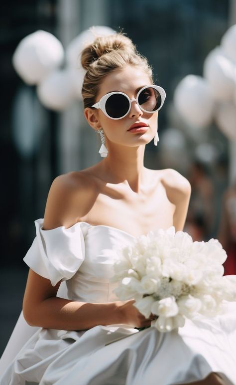 An outdoor wedding setting with a bride in sleek sunglasses, drawing inspiration from Mars Ravelo's storytelling and the porcelain artistry of Taras Loboda. The scene blends Y2K aesthetic with timeless bridal sophistication. Bridal Sunglasses, Wedding Sunglasses, Wedding Inspired, Classy Wedding, Modern Bridal, Cool Sunglasses, Dreamy Wedding, A World, Outdoor Wedding