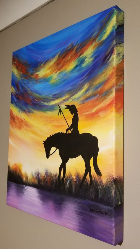 Native American Acrylic Painting on Boxed Canvas by Vangocha Native Acrylic Painting, Native American Canvas Painting, Native Paintings On Canvas, Native American Paintings Canvases, Native American Horse Art, Western Painting Ideas On Canvas, Western Painting Ideas, Native Paintings, Cherokee Art