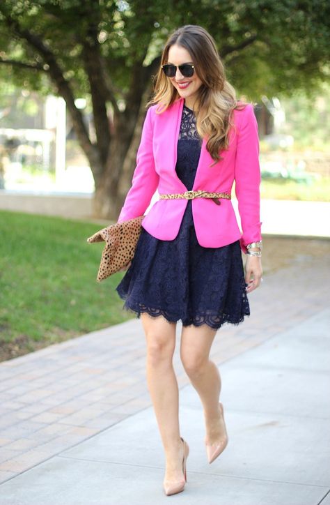 Hot Pink, Navy, Leopard Hot Pink Blazer Outfit, Pink Blazer Outfit, Navy Blue Outfit, Hot Pink Blazer, Hot Pink Outfit, Leopard Belt, Hot Pink Blazers, Navy Lace Dress, Navy Outfit