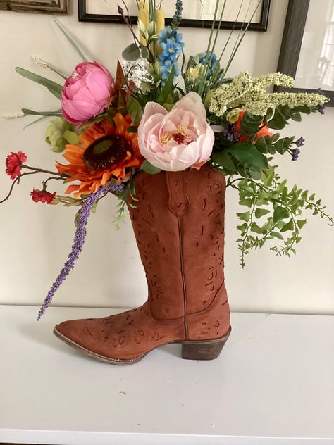 Austin TX- I do BBQ rehearsal dinner - Chichester Hill Gallery Boot Centerpieces Western, Texas Rehearsal Dinner, Western Rehearsal Dinner, Flower Centerpiece Wedding, Boot Centerpiece, Bbq Rehearsal Dinner, Highlands Wedding, Highland Wedding, I Do Bbq