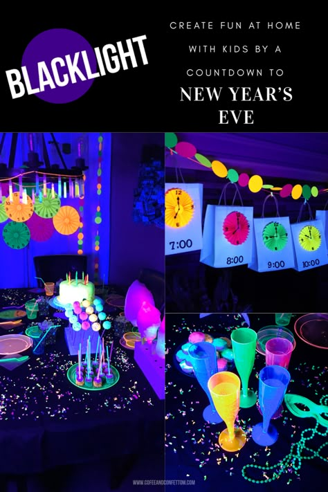 New Years Neon Party, Glow Party New Years Eve, Nye Glow Party, New Years Glow Party, Glow New Years Eve Party, Neon New Years Eve Party, Kids Nye Party Ideas, Nye Theme, Rave Theme