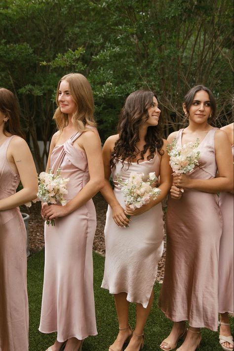 Satin Pink Bridesmaid Dresses, Pink Bridesmaid Dresses Satin, Pink Satin Dresses, Pink Satin Bridesmaid Dresses, Florals Bridesmaids, Satin Bridesmaids Dresses, Baby Pink Bridesmaids Dresses, Pink Bridesmaid Dresses Mismatched, Pastel Pink Bridesmaid Dresses