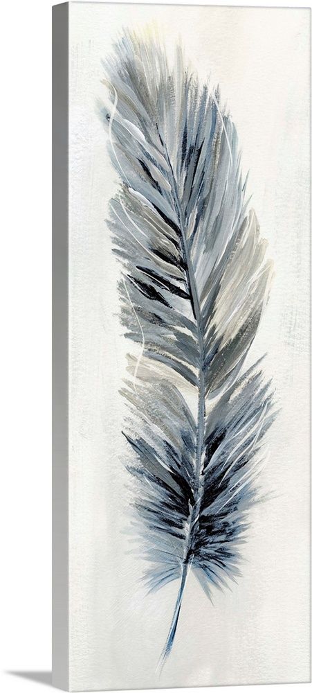 Stretched Canvas Print entitled Soft Feathers II.  Panel painting of a feather made with shades of blue, white, and gray.  Multiple sizes available.  Primary colors within this image include White, Gray, Black.  Made in the USA.  Satisfaction guaranteed.  Archival-quality UV-resistant inks.  Museum-quality, artist-grade canvas mounted on sturdy wooden stretcher bars 1.5 thick.  Comes ready to hang.  Canvas is designed to prevent fading. Feather Canvas Painting, White Feather Painting, Blue Flower Wall Art, Paint Feathers, Feathers Art, Feather Pictures, Painting Feathers, How To Paint Feathers, Painted Feathers