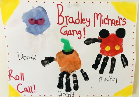 Mickey Mouse gang handprint art!! Mickey Mouse Handprint Craft, Mickey Mouse Crafts For Toddlers, Disney Baby Room, Infants Crafts, Hand Print Crafts, Disney Camp, Disney Baby Rooms, Halloween Handprint Crafts, October Themes