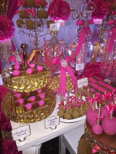 Fuschia Pink and Gold Wedding Sweets Table with Chocolate Candy Apples, Cake Pops, and Assorted delicious candies. #candybuffet #dessertbuffet #sweetstable #pinkandgoldsweetstable Wedding Sweets Bar, Purple Candy Buffet, Pink Birthday Party Decorations, 55 Birthday, Sweets Table Wedding, 26 Birthday, Fuschia Wedding, Pink Gold Party, Pink And Gold Birthday Party