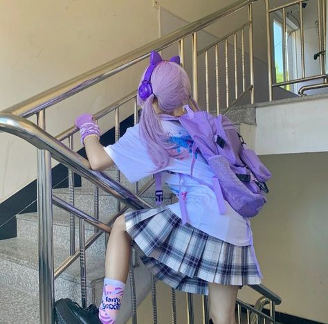 Girl Style Aesthetic, Gamer Girl Outfit, Purple Games, Fashion Pose, Girl Korean, Kawaii Hairstyles, Nier Automata, Style Aesthetic, Girl Style