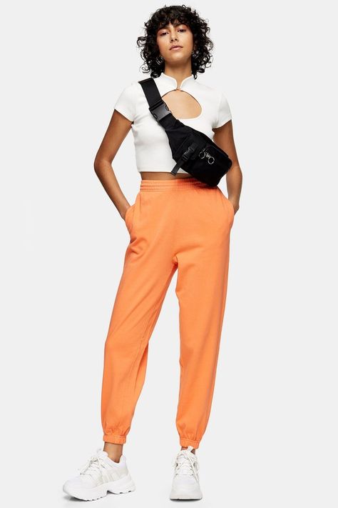 Orange Fluorescent Joggers Striped Wide Leg Trousers, Cropped Wide Leg Trousers, Peg Trousers, Orange Leggings, Athleisure Trend, Wide Trousers, Popular Brands, New Clothes, Topshop Outfit