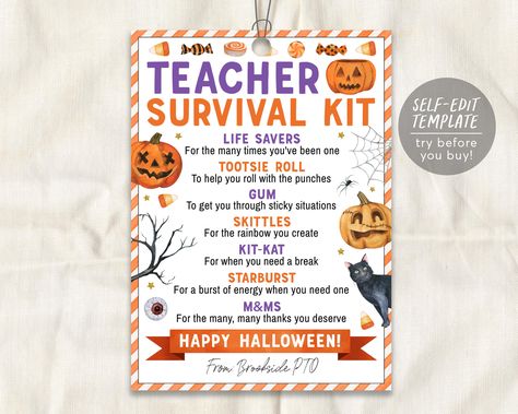 Halloween Teacher Survival Kit Tag Editable Template, Fall Treat Card Party Favor, School Staff Appreciation Candy Gift Tags Treat Pack Staff Trick Or Treat, Halloween Teacher Survival Kit, Mini Teacher Survival Kit, Halloween Handouts Not Candy, Unique Trick Or Treat Handouts, Survivor Kit, Teacher Survival Kit, Survival Kit For Teachers, Teacher Survival