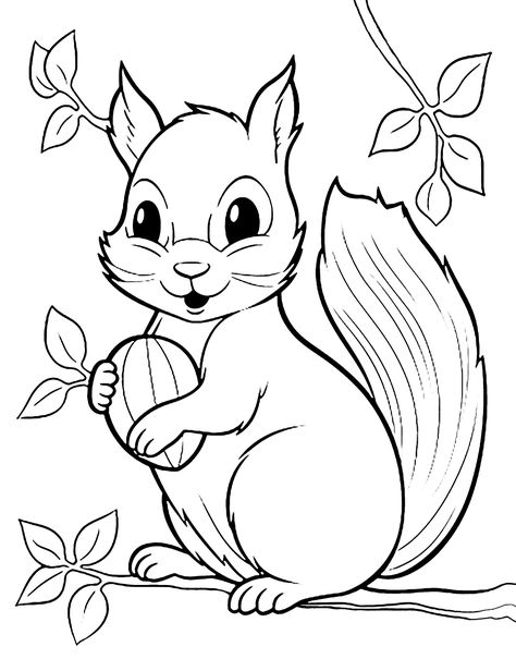 Happy Squirrel: A squirrel with a nut in its paws sitting on a tree branch. (Free Printable Coloring Page for Kids) Animal Coloring Pages Free Printable, Printable Animal Coloring Pages, Squirrel Coloring Page, Happy Squirrel, Embroidery Quilt, Printable Animals, Fall Coloring Pages, A Squirrel, Cat Coloring Page