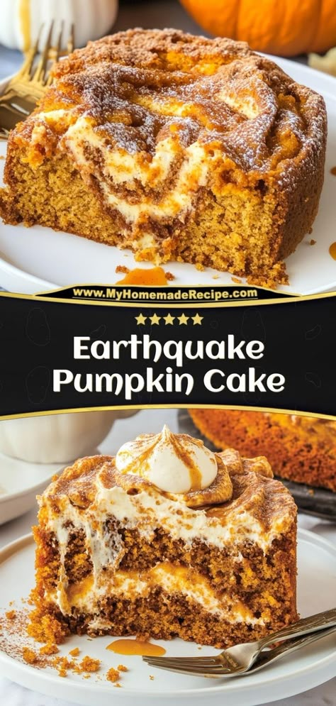 This earthquake pumpkin cake is moist, spiced, and filled with delicious swirls of cream cheese and pumpkin. A crowd-pleaser for fall gatherings! Ingredients: 1 box spice cake mix 1 cup pumpkin puree 8 oz cream cheese ½ cup sugar Make this earthquake pumpkin cake for a visually stunning and tasty fall dessert Pumpkin Earthquake Cake Recipe, Spice Cake Mix Recipes, Earthquake Cake Recipes, Pumpkin Spice Cake Recipe, 1 Cup Pumpkin Puree, Spice Cake Mix And Pumpkin, Box Cake Recipes, Boxed Cake Mixes Recipes, Spice Cake Recipes