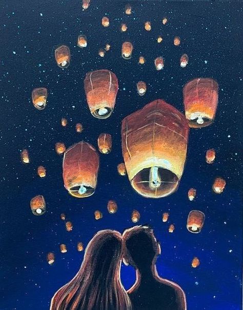 Painting Ideas Lantern, Lantern Canvas Painting, Lantern Art Drawing, Lantern Painting Easy, Simple Acrilyc Painting, Lantern Festival Painting, Acrylic Painting Canvas Inspiration, Easy Art Painting Acrylic Simple, Lantern Festival Drawing