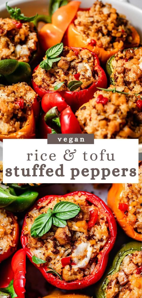 These super easy vegan stuffed peppers make for a fast weeknight dinner ready in about 30 minutes. The bell peppers are roasted until tender and stuffed with rice, dairy-free pimento cheese, and savory baked tofu (or sub vegan ground beef like Beyond Meat). Vegetarian, dairy free, and plant-based. Stuffed Bell Peppers With Rice, Veggie Stuffed Peppers, Vegan Stuffed Bell Peppers, Vegan Stuffed Peppers, Vegetarian Stuffed Peppers, Vegan Ground Beef, Easy Stuffed Peppers, Meatless Meal, Bell Pepper Recipes