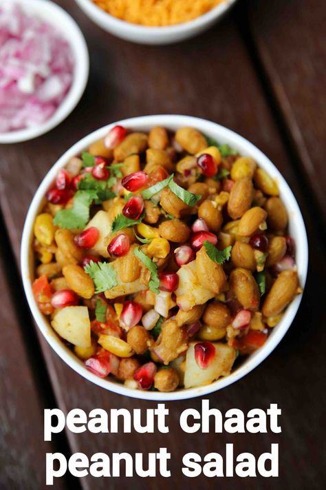 peanut chaat recipe | boiled peanut chaat salad | groundnut chat Veg Salad Recipes Indian, Healthy Chat Recipe, Peanut Chat Recipes, Basket Chaat Recipe, Groundnuts Recipe, Avocado Papdi Chaat, Chana Salad Recipe, Chaat Platter, Chaat Salad