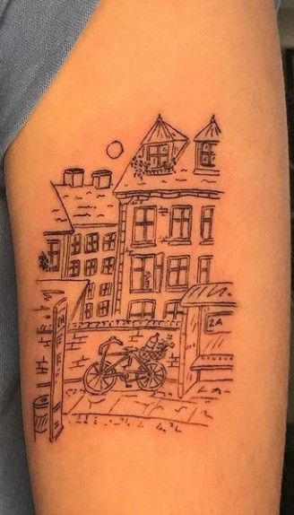 Building Tattoo Architecture, Balcony Tattoo, Architecture Tattoo Ideas, Cityscape Tattoo, Postcard Tattoo, Town Tattoo, Building Tattoo, Window Tattoo, Aesthetic Tattoo Ideas