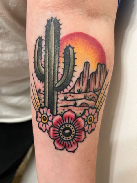 Texas Desert Tattoo, Traditional Desert Tattoo, Traditional Cactus Tattoo, Saguaro Tattoo, Joshua Tree Tattoo, Az Tattoo, Desert Tattoo, Trad Tattoos, Arizona Tattoo