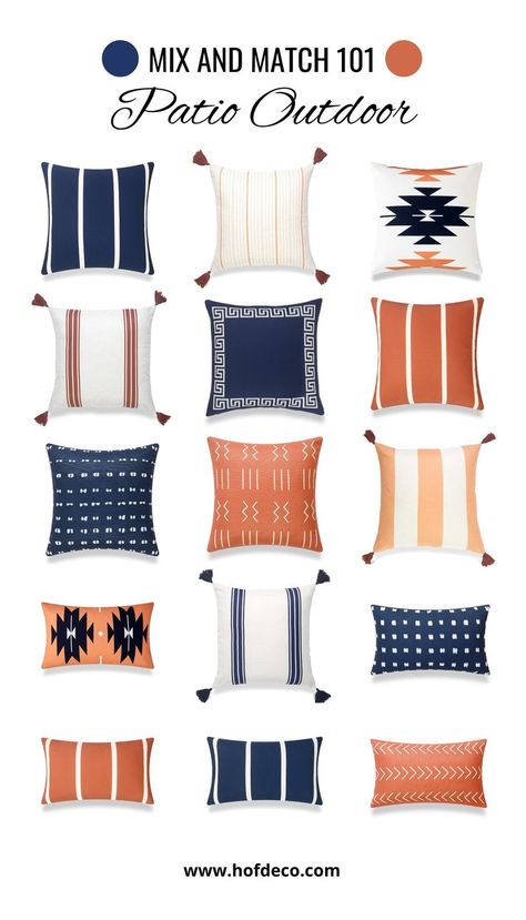 Patio With Blue Accents, Outdoor Navy Blue Patio Ideas, Navy Outdoor Decor Patio, Navy Blue Patio Furniture, Burnt Orange Patio Decor, Orange Outdoor Patio Ideas, Blue Patio Furniture Decor, Outdoor Pillows Ideas Color Schemes Patio, Orange Patio Decorating Ideas