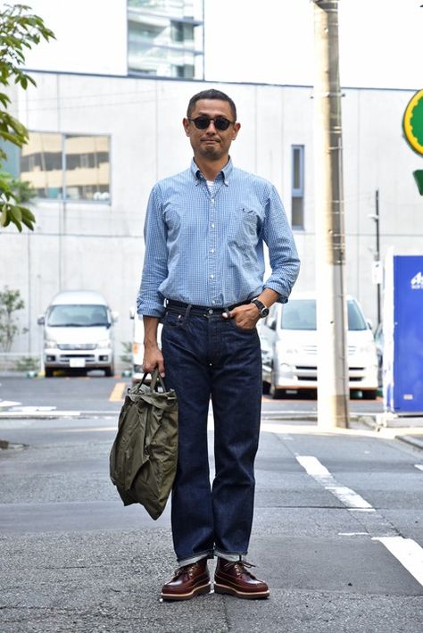 Selvedge Denim Outfit Men, Denim Outfit Men, Blue Shirt With Jeans, Denim Looks, Japanese Selvedge Denim, Vintage Workwear, Japanese Denim, Jeans Fashion, Selvedge Denim