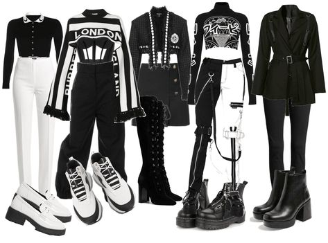 black and white outfit ideas | Black K Pop Outfit, Kpop Black And White Outfit, Black And White Performance Outfit, Kpop Outfits Black And White, Black And White Stage Outfit, Black And White Concert Outfit, Black Kpop Outfit, Band Outfits Stage, Theatre Outfit Ideas