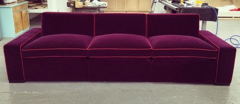 Velvet, contrast piping, via prmele Instagram Brick Velvet Sofa, Couch With Piping, Couch With Contrast Piping, Contrast Piping Sofa, Purplevelvet Sofa, Velvet Velour Sofa Photoshoot Antique, Vintage Velvet Couch Purple, The Way Home, Velvet Sofa