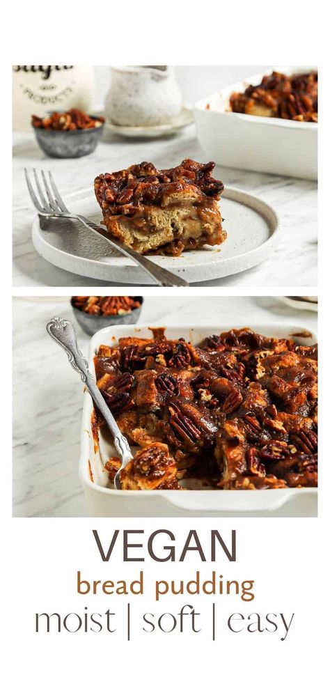 This is one of the best vegan bread pudding recipes! Super easy to make and ultra-soft, this gooey and sweet bread pudding is loaded with comforting flavors and topped with crunchy pecans. Easy Vegan Bread, Inexpensive Desserts, Vegan Bread Pudding, Dairy Free Bread, Apple Pie Bread, Sweet Brunch, Hot Desserts, Vegan Apple Pie, Elephant In The Room