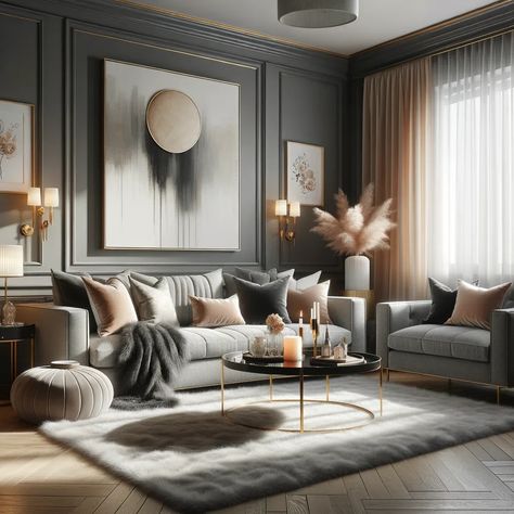 15 Alluring Colors to Complement Charcoal Gray Pink Modern Apartment, Pink And Gold Room Ideas, Gold And Pink Room, Gold Room Ideas, Living Room Ideas Pink, Grey And Gold Living Room, Pink And Gold Room, Gold Living Room Ideas, Room Ideas Pink