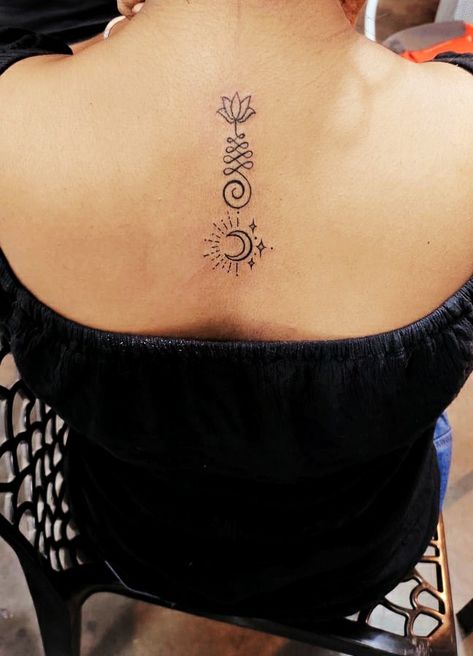 This tattoo is my life's first tattoo. Sun Moon Lotus Unalome Tattoo, Sun And Moon Symbol Meaning, Lotus Sun Moon Tattoo, Sun And Moon Unalome Tattoo, Sun Unalome Tattoo, Lotus Sun Tattoo, Unalome Tattoo Moon, Unalome With Lotus, Unalome Tattoo Female Design