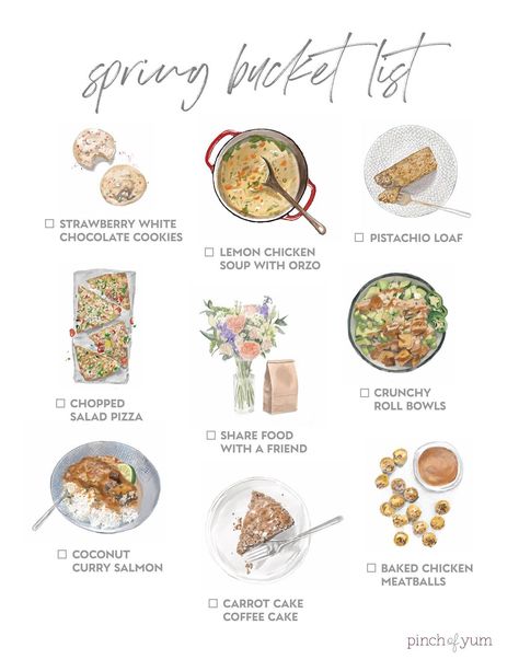 Announcing the Spring Bucket List - Pinch of Yum Spring Seasonal Foods, March Bucket List, Baking Bucket List, Aesthetic 2025, Food Bucket List, Spring Bucket List, Cozy Recipes, Time Journal, Baked Chicken Meatballs