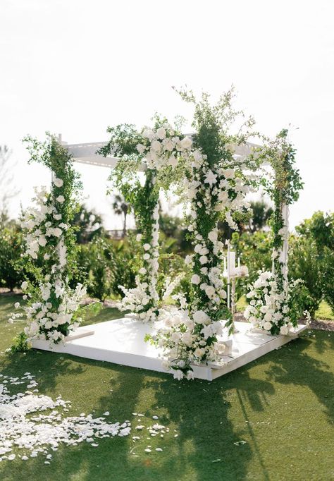 Hurricane Ian Destroyed Their Original Venue - So They Made Magic on Marco Island Instead! Elegant Chuppah Ideas, White Chuppah Wedding, White Wedding Mandap, Wedding Chuppah Flowers, Pergola Wedding, Wedding Video Inspiration, Gazebo Wedding Decorations, Chuppah Flowers, Wedding Pergola