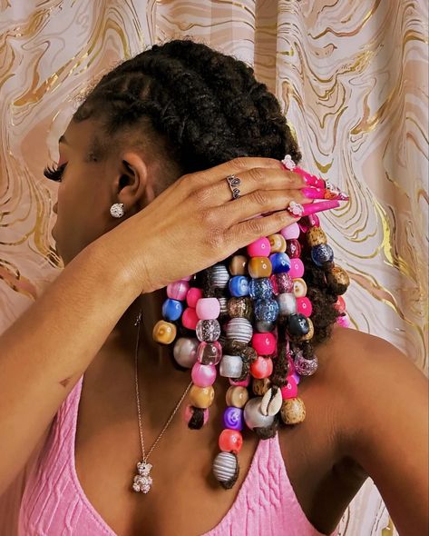 #valentines #locstyles Colorful Braids With Beads, Unique Locs Styles, Loc Styles Birthday, Loc Styles With Bow, Locs And Beads, Loc Cornrow Styles, Women Dreadlock Styles, Hairstyles Over Locs, Locs With Beads