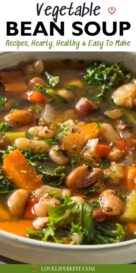 These vegetable bean soup recipes are healthy and easy to make. Suitable for vegans and vegetarians and full of everyday ingredients. Bean and vegetable soup is ideal for meal prep. Your family will love this easy healthy soup! Veggie Soup With Beans, Easy Soup Recipes Vegetable, Healthy Bean Dishes, Low Carb Bean Soup, Vegetarian Soups And Stews Healthy, Soup Meatless, Easy Navy Bean Soup, Vegetable Soup Beans, Bean Veggie Soup