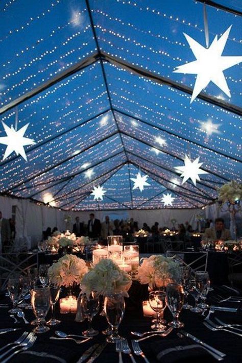 lights and 3D stars over the reception Astronomy Wedding Theme, Starry Night Wedding Theme, Starry Night Prom, Constellation Wedding, Celestial Wedding Theme, Night Wedding Reception, Galaxy Wedding, Starry Night Wedding, Prom Themes