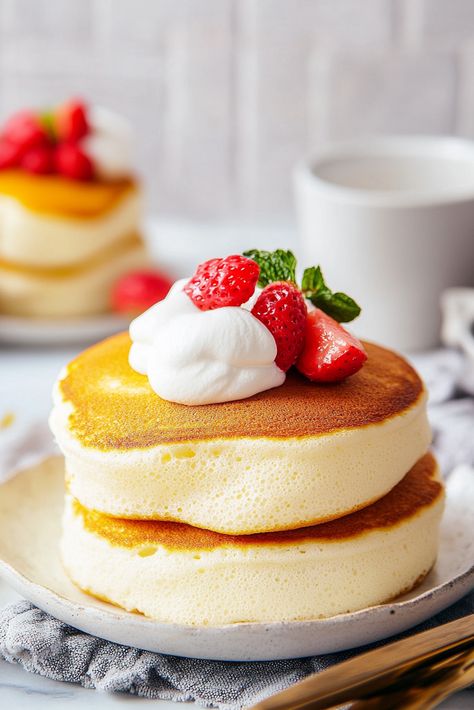 Vanilla Fluffy Pancakes, Pancake Souffle Recipe, Stuffed Pancake Recipe, Single Serve Breakfast Recipes, Japanese Dessert Aesthetic, Extra Fluffy Pancakes, Japanese Souffle Pancakes, Single Serve Breakfast, Super Fluffy Pancakes