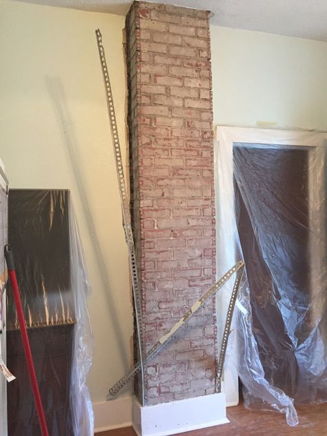 Exposing and Whitewashing a Brick Chimney Exposed Brick Kitchen, Exposed Brick Fireplaces, Brick Living Room, Kitchen Chimney, Brick Columns, Baseboard Trim, Basement Remodel Diy, Beadboard Backsplash, Brick Chimney