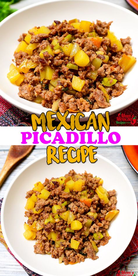 Mexican Picadillo is an easy-to-prepared, ground meat dish that is popular around Latin American especially in Mexico, Puerto Rico, and Cuba.  It is also a traditional dish in Spain and favorite dish in Mexican cuisines. The word “Picadillo” comes from “Picada” as in “Carne Picada” or chopped meat.  Each country has its own version with ingredients and how to serve it. Carne Picada Recipes Dinners, Carne Picada Recipes, Mexican Picadillo, Picadillo Recipe, Hispanic Dishes, Barbecue Pork Ribs, Authentic Mexican Recipes, Meat Dish, Mexican Cooking