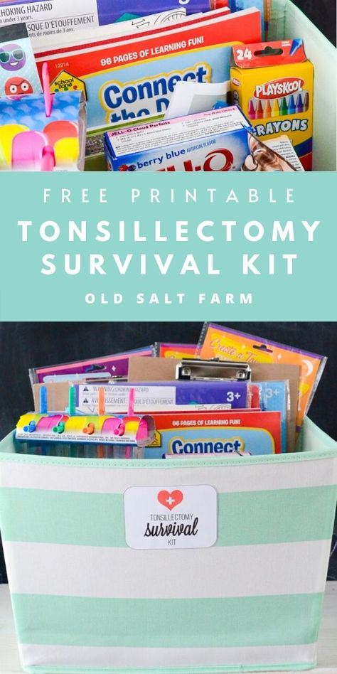 Tonsillectomy Survival Kit  #kidsideas #kidsinhospital #giftideas #kidsgiftideas #surgeryrecovery #kidsgiftideas #thinkingofyou #hospitalgiftideas #getwellgifts #getwellforkids Tonsil Surgery Care Package Adults, Tonsil Recovery Care Package, Tonsil Surgery Care Package, Toddler Tonsilectomy Care Package, Tonsil Removal Recovery Food For Kids, Cheer Up Basket, Tonsilectomy Prep Child, Valintines Day, Hospital Gifts