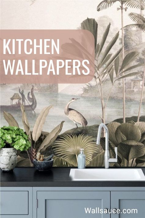 Kitchen Mural Wallpaper, Vegetable Mural Wall Art, Tropical Wallpaper Kitchen, Wallpaper Behind Stove, Wallpaper Inside Cabinets Kitchen, Kitchen Wallpaper Ideas Accent Wall, Kitchen With Wallpaper, Wall Mural Kitchen, Kitchen Wall Mural