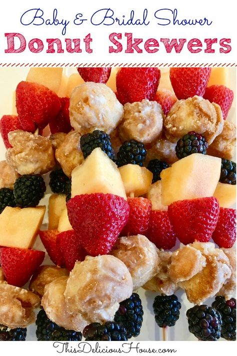 Donut and Fruit Skewers Kabobs are an easy recipe to serve at Baby Showers or Bridal Showers. Great as an after school snack too or kids birthday parties. #donut #fruit #skewer #babyshowerfood #bridalshowerfood #easyrecipe #dessert #appetizer #breakfast #brunch #footballfood #afterschoolsnack Kids Birthday Snacks, Bridal Shower Appetizers, Fruit Kabob, Brunch Ideas For A Crowd, Birthday Breakfast Party, Shower Appetizers, Kids Brunch, Brunch Appetizers, Kabob Skewers