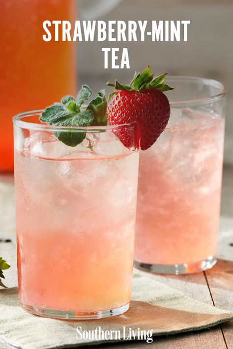 This big-batch herbal tea is just the thing you want to have on hand during the hot summer months. This recipe calls for you to muddle chopped fresh strawberries with sugar, cook the berry mixture until the sugar melts, then stir in sprigs of fresh peppermint. Before you add the mint to the berry mixture. #strawberryminttea #pepperminttea #tearecipe #mocktail #southernliving Fresh Peppermint Uses, Fresh Peppermint Recipes, Spearmint Tea Recipe, Spearmint Recipes, Peppermint Tea Recipe, Mint Drinks, Strawberries With Sugar, Mint Tea Recipe, Strawberry Gluten Free